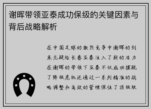 谢晖带领亚泰成功保级的关键因素与背后战略解析